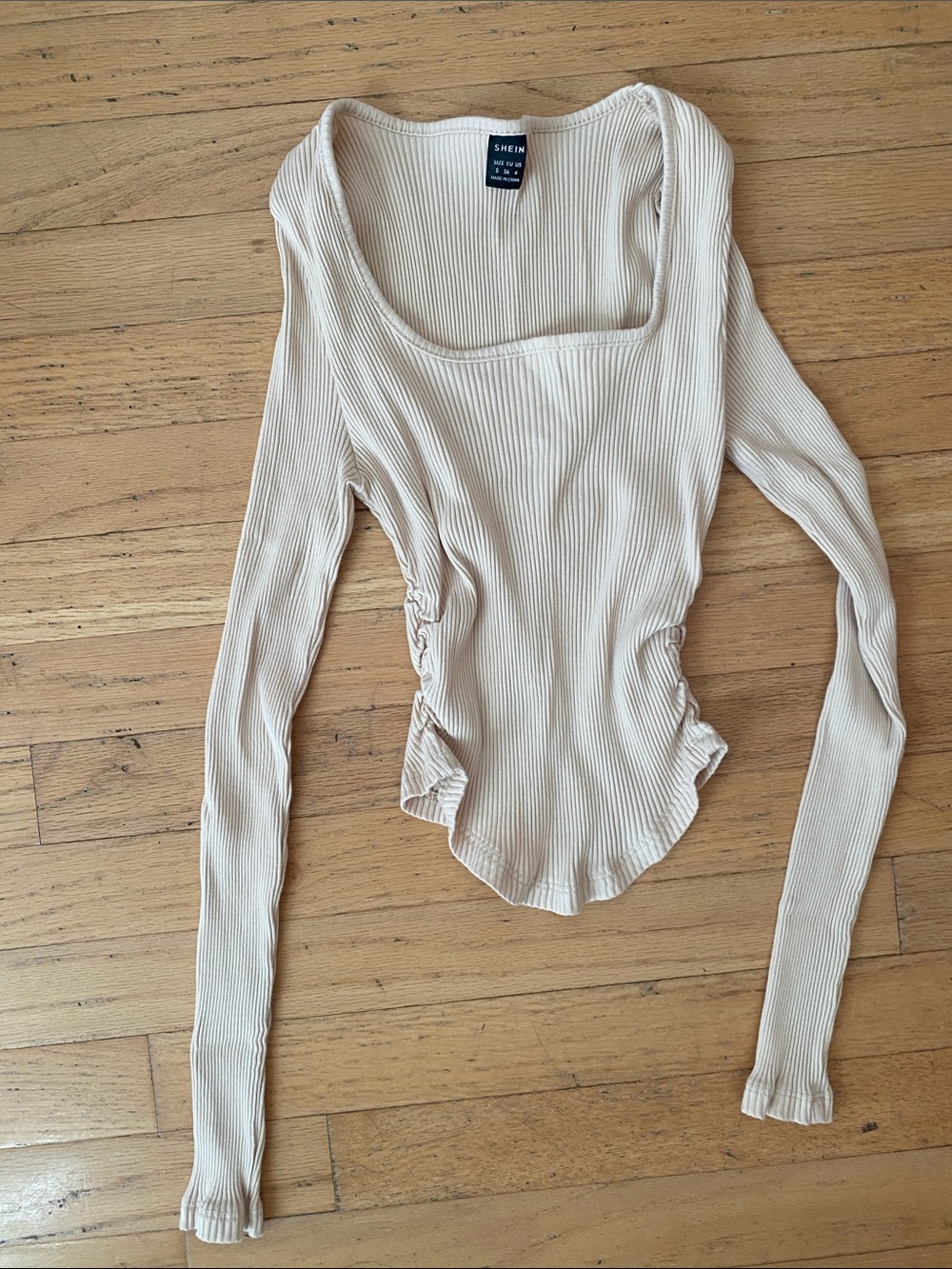 SHEIN Neutral Beige Ribbed Long Sleeve Scoop Bodysuit